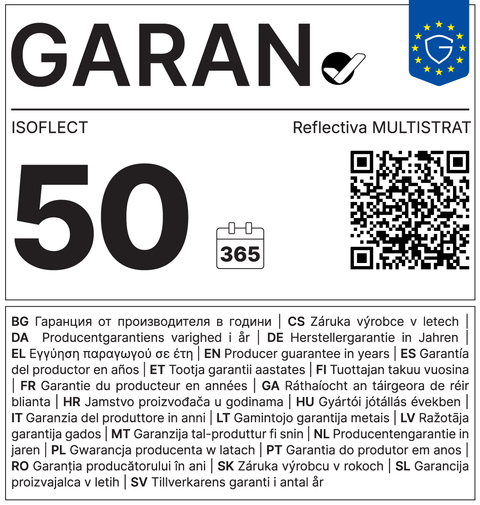 Eticheta GARAN — garanție comercială de durabilitate 50 de ani, Isoflect Reflectiva Multistrat