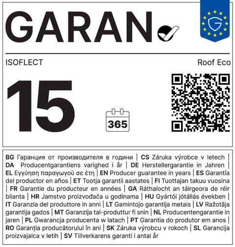 Eticheta GARAN — garanție comercială de durabilitate 15 ani, Isoflect Roof Eco