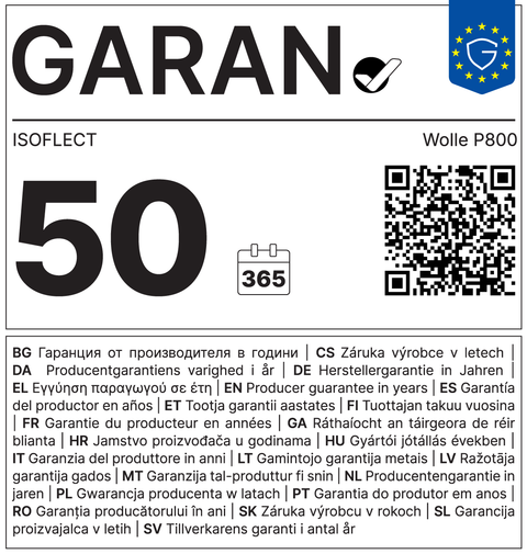 Eticheta GARAN — garanție comercială de durabilitate 50 de ani, Isoflect Wolle P800