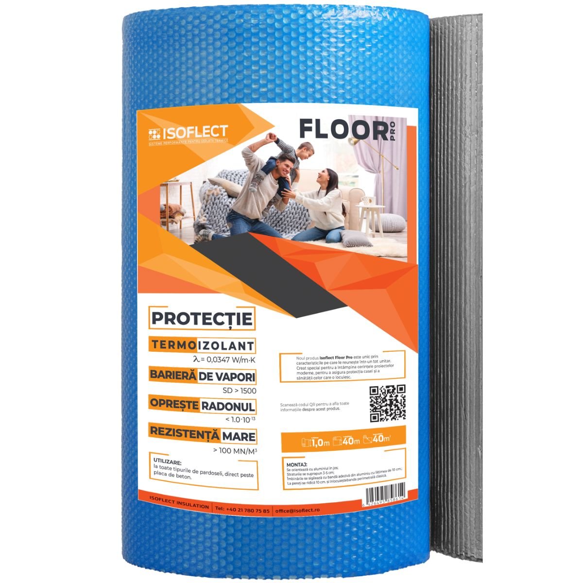 Membrană termoizolantă pardoseli Isoflect FLOOR PRO 40 m²/rolă, multiple funcții (barieră de vapori + izolație termică + barieră Radon + amortizor vibrații + bandă perimetrală) - Isoflect Insulation