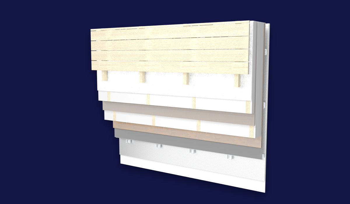 Secțiune perete cu fațadă ventilată: lambriu, Roof Pro, Wolle și membranele reflective Isoflect