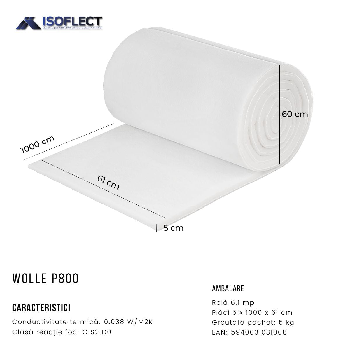 Wolle P800 rolă 6,1 mp, grosime 5 cm, lățime 0,61 m, conductivitate termică Lambda λ = 0,038 W/M2K - Isoflect Insulation