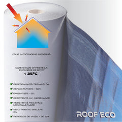 Folie anticondens Isoflect Roof Eco — caracteristici: reflectivitate peste 82%, emisivitate sub 2%, rezistență UV medie/mare, benzi de sigilare incluse, durată de viață peste 30 de ani