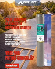Folie acoperiș Isoflect Roof Eco cu funcție de respingere a radiației — specificații: 160 g/mp, Sd 0,07, impermeabilitate clasa W1, reflectivitate 82%