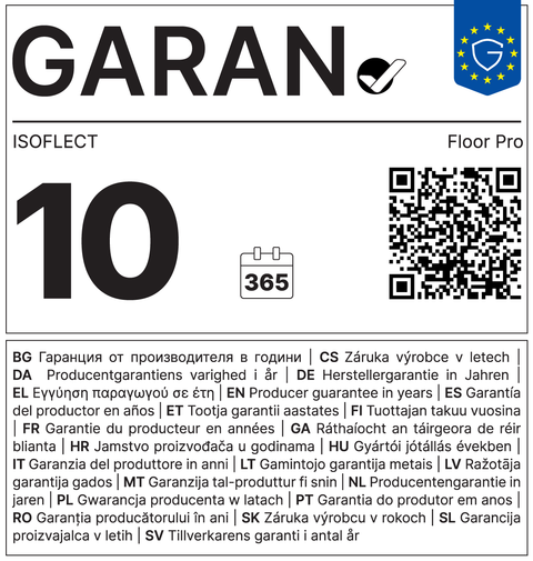Eticheta GARAN — garanție comercială de durabilitate 10 ani, Isoflect Floor Pro