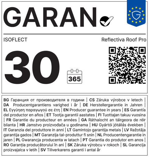 Eticheta GARAN — garanție comercială de durabilitate 30 de ani, Isoflect Reflectiva Roof Pro