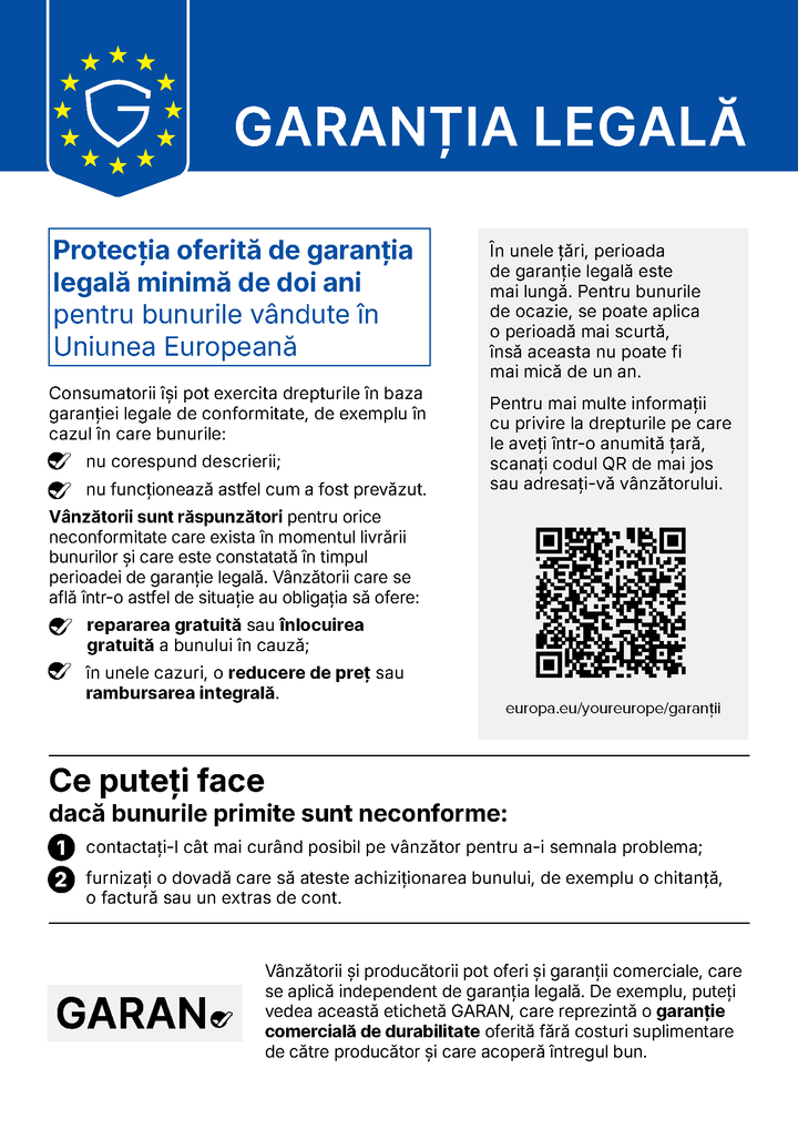 Garanția legală — notificarea armonizată a Uniunii Europene privind garanția legală de conformitate de minimum doi ani