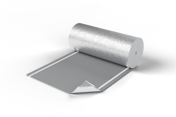 Isoflect Recuperator, rola de 0,6 × 10 m: fața din aluminiu și fața din spumă de polietilenă cu două benzi dublu-adezive