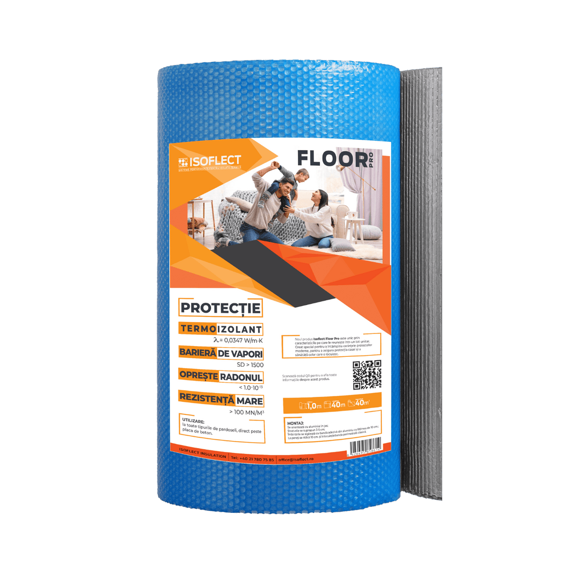 Rolă Isoflect Floor Pro 40 m² cu etichetă de produs și instrucțiuni de instalare