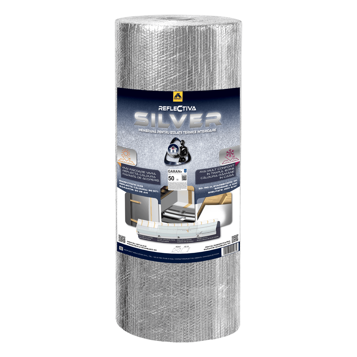 Reflectiva SILVER — folie și membrană termoizolantă reflectivă, barieră de vapori, izolație mansardă și pereți, 40 m² - Isoflect Insulation
