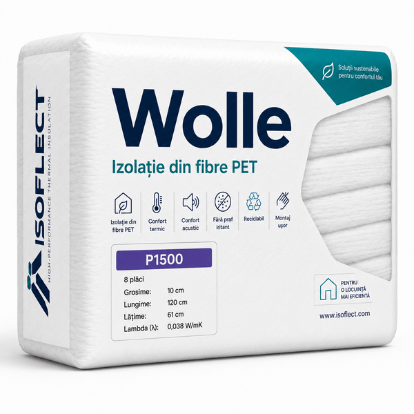 Wolle P1500, grosime 10 cm, pachet 5,856 mp, opt plăci 1.2 x 0,61 m, conductivitate termică Lambda λ = 0,038 W/M2K - Isoflect Insulation