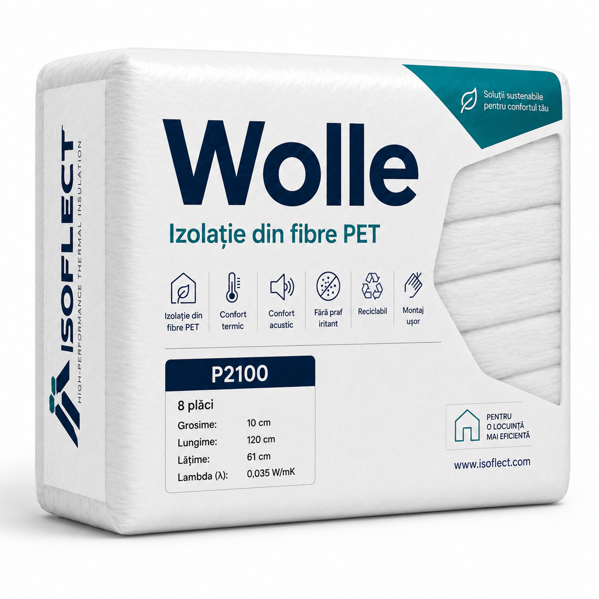 Wolle P2100, grosime 10 cm, pachet 5,856 mp, conductivitate termică Lambda λ = 0,035 W/M2K - Isoflect Insulation