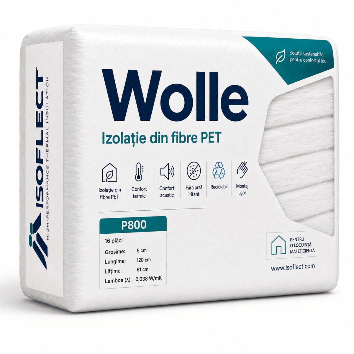 Wolle P800, grosime 5 cm, pachet 11,712 mp, 16 plăci 1.2 x 0,61 m, conductivitate termică Lambda λ = 0,038 W/M2K - Isoflect Insulation
