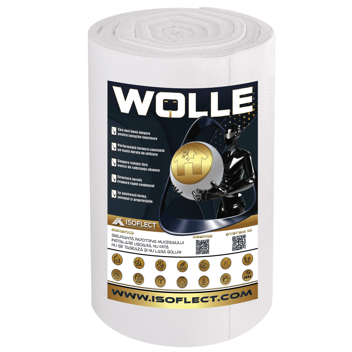 Rolă de izolație Wolle P800, 1,2 × 10 m (12 m²), grosime 5 cm, cu eticheta Isoflect