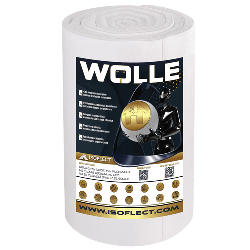 Rolă de izolație Wolle P800, 1,2 × 10 m (12 m²), grosime 5 cm, cu eticheta Isoflect